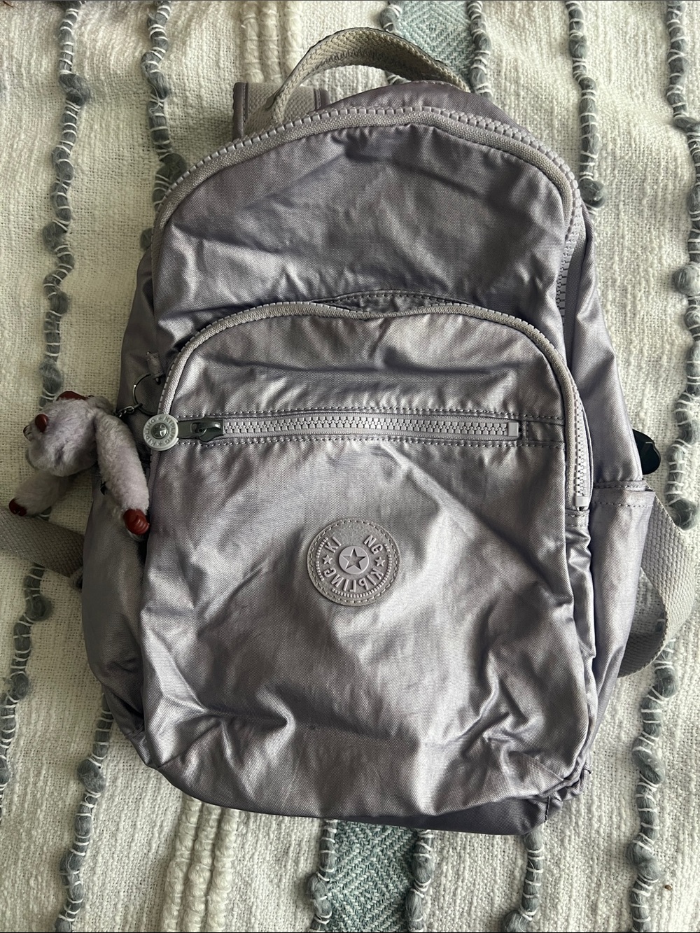 Kipling Metallic Silver Medium Backpack with Monkey Keychain